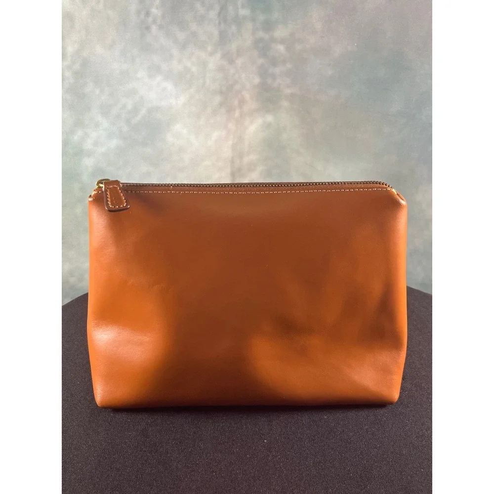 Staud Shirley Tan Leather Toiletry Pouch Zip‎ Top Gold Tone Hardware